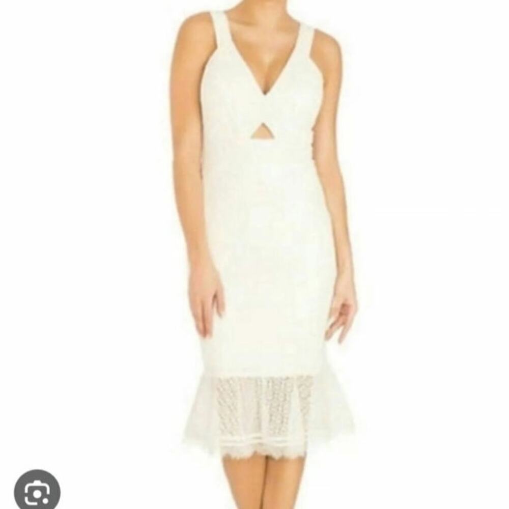 Guess Women's Off-White V-Neck Lace Cutout Sleeveless Midi Sheath Dress 8 Medium